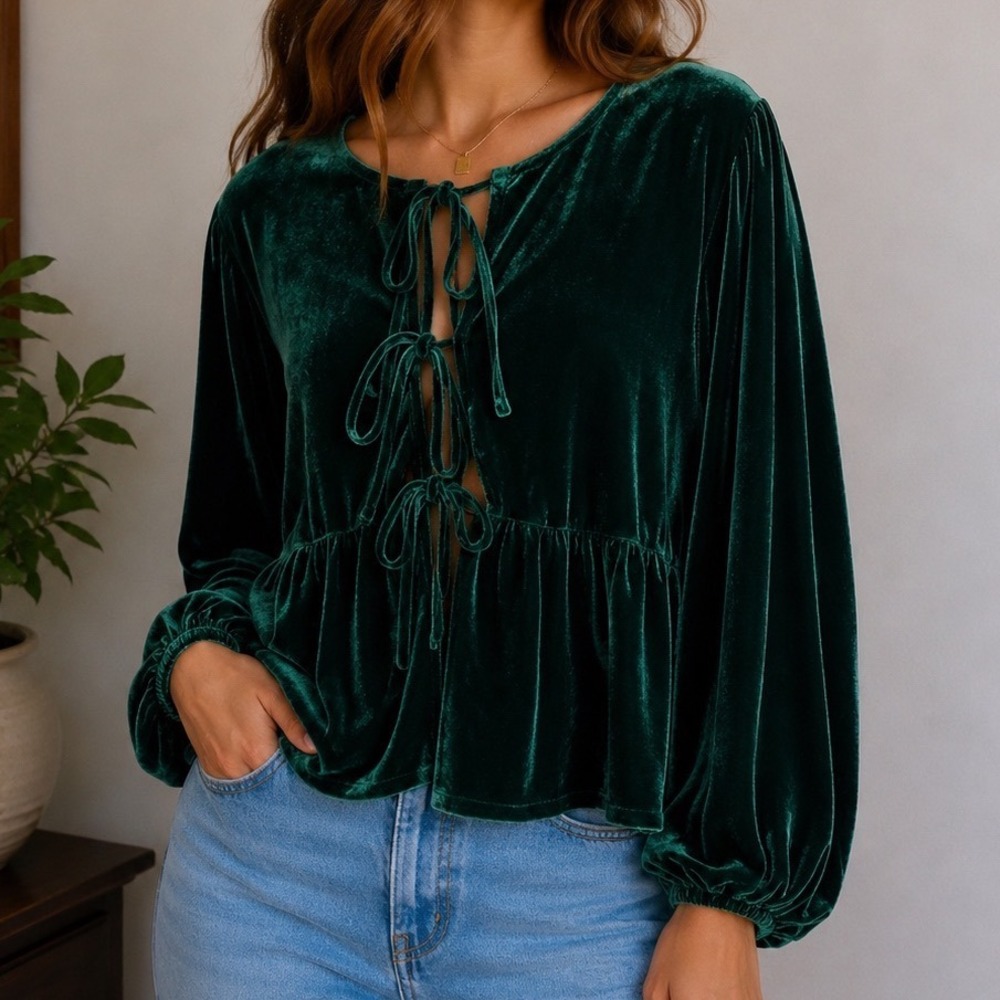 So Me Velvet Babydoll Blouse L Emerald Green‎ Tie Front Romantic Holiday Top